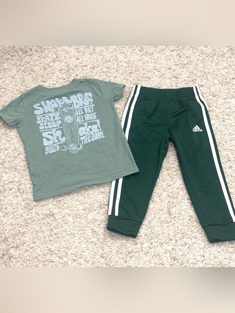 Kids 3T Bundle Cotton On Skate Graphic Tee + Adidas Track Pants Green